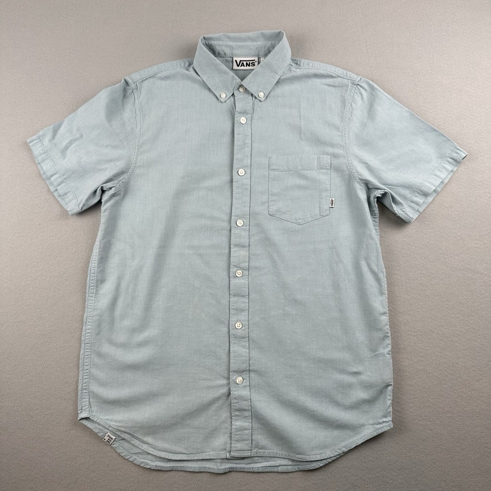 Vans Button Down Shirt Mens Small Light Blue Short Sleeve Herringbone Cotton